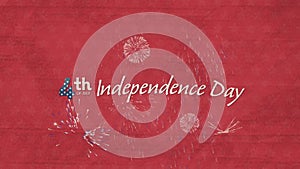 Digital animation of happy 4th of july text against fireworks exploding on red background
