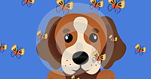 Digital animation of multiple butterfly floating over dog face icon on blue background