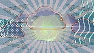 Digital animation of multiple cloud icons and abstract shapes against blue radial background