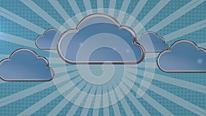 Digital animation of multiple cloud icons against blue radial background