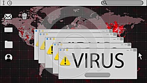 Digital animation of multiple tabs with hazard icon and virus text against computer digital interfac