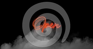 Digital animation of neon orange open text sign over smoke effect against black background