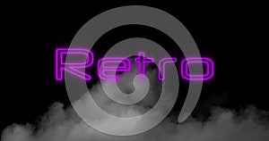 Digital animation of neon purple retro text sign over smoke effect against black background