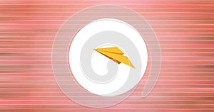 Digital animation of paper plane icon over white circular banner against striped pink background