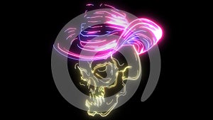 Digital animation of a skull with hat that lighting up on neon style