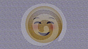 Digital animation of tv static effect over blushed face emoji against grey background