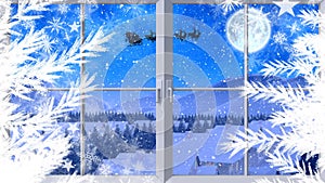 Digital animation of two christmas trees and window frame against silhouette of santa claus