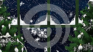 Digital animation of two christmas trees and window frame against snowflakes falling
