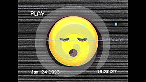 Digital animation of vhs glitch effect over sleeping face emoji against tv static effect