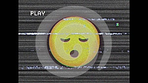 Digital animation of vhs glitch effect over sleeping face emoji against tv static effect