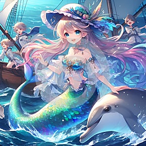 Digital anime art of anime mermaid  and playful dolphin, with the sailors through treacherous seas, cartoon style, fairytale