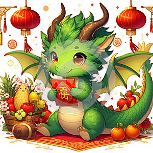 Digital anime art of cute green dragon in chinese zodiac, pose with fresh fruits arounds and red , againts white background