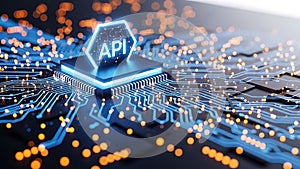 Digital api integration on a glowing circuit board with a central processor