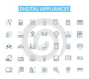 Digital appliances linear icons set. Smart, Reliable, Efficient, Connected, Innovative, Integrative, Sleek line vector photo