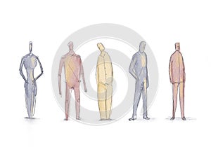 Digital architectural watercolor illustration of a set of people