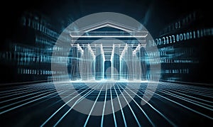 Digital architecture with columns and binary code background, futuristic design