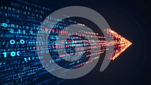 Digital arrow with binary code in motion, symbolizing data transfer and technology.
