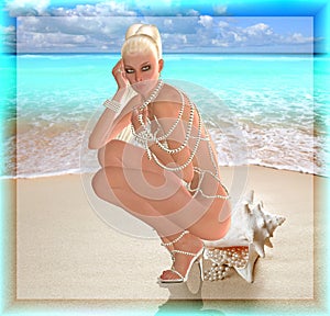 A digital art blonde beauty sits on a sea shell with pearls spilling out of them. She wears a long pearl necklace as a bikini