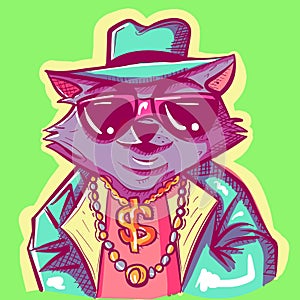 Digital art of a boss raccoon wearing sunglasses, a dollar sign necklace,a fedora and a suit.