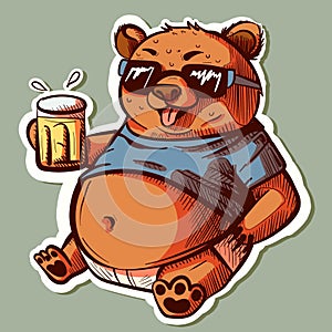 Digital art of a brown bear with sunglasses and his belly sticking out of his t-shirt. Funny grizzly with summer vibes