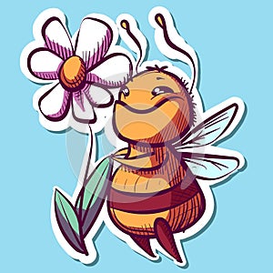 Digital art of a bumblebee sniffing a white flower. Vector of a cartoon bee happily smelling a daisy