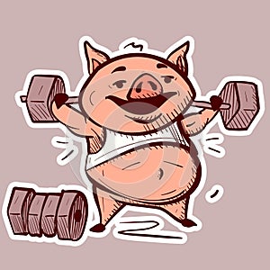 Digital art of a cartoon pig lifting weights and doing exercises. Fitness piglet bodybuilder with dumbbells working out