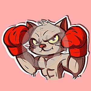 Digital art of a cat cartoon character looking tough and wearing boxing gloves. Boxer athlete kitty wearing MMA and box equipment.