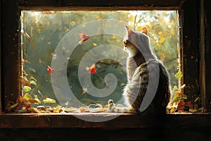 Digital art of cat watching nature's beauty from window.