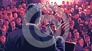 Digital art of Caucasian man giving a speech to a diverse audience. Speaker addressing a crowd from a podium. Concept of