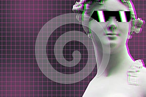 Digital art concept. Female head statue in glasses with copy space