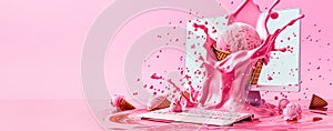 Digital Art Concept with Ice Cream and Monitor Splash. Perfect for dessert advertising, dessert promotions and creative dessert