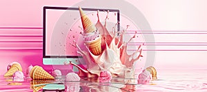 Digital Art Concept with Ice Cream and Monitor Splash. Perfect for dessert advertising, dessert promotions and creative dessert