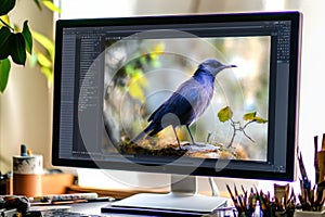Digital art creation of a blue bird using design software on a computer