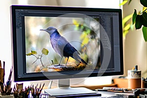 Digital art creation of a blue bird using design software on a computer