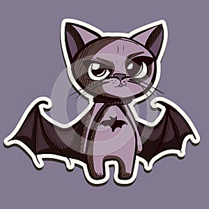 Digital art of a cute purple cat in a bat costume for Halloween. Vector of a cute kitty with wings