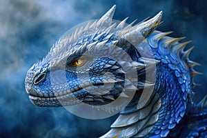 Digital art depiction of a blue-scaled dragon with piercing yellow eyes