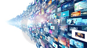 Digital art of display of various media and news thumbnails on a wall. AIG53F. photo