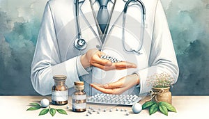 Digital art of Doctor Homeopath with homeopathy medicine bottle. Hand displaying homeopathic globules. Concept of photo