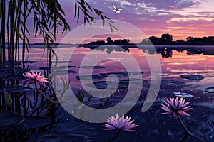 Digital Art of Dragonfly over Tranquil Pond with Water Lilies at Sunset in a Serene Landscape