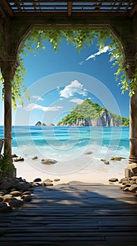 Digital art Gazebo on tropical shore, 3D beachscape with azure sea