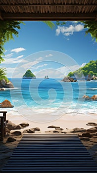 Digital art Gazebo on tropical shore, 3D beachscape with azure sea