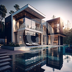 Digital art generative AI. Modern house and swimming pool in luxurious style