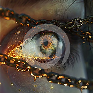 Digital art of a human eye with golden chains reflecting a concept of breaking free