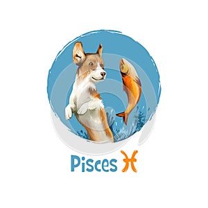 Digital art illustration of astrological sign Pisces. 2018 year of dog. Twelfth of twelve zodiac signs. Horoscope water element.