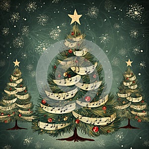 Digital Art Illustration Christmas Trees wrapped with ribbons of musical notes