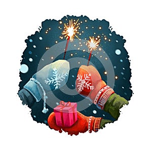 Digital art illustration of hands in mittens holding sparklers, gift box present. Merry Christmas, Happy New Year greeting card