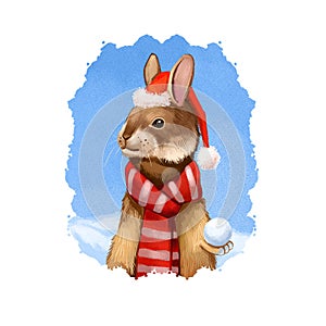 Digital art illustration of hare in Santa`s hat and warm red scarf. Merry Christmas and Happy New Year greeting card design. Cute