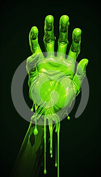 Digital Art Illustration of Sticky Green Fluorescent Booger Liquid Hand. Generative ai