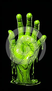 Digital Art Illustration of Sticky Green Fluorescent Booger Liquid Hand. Generative ai