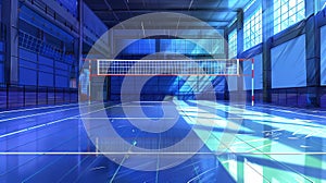 Digital art of indoor volleyball court with blue lighting. Modern sports facility with volleyball net. Concept of sports